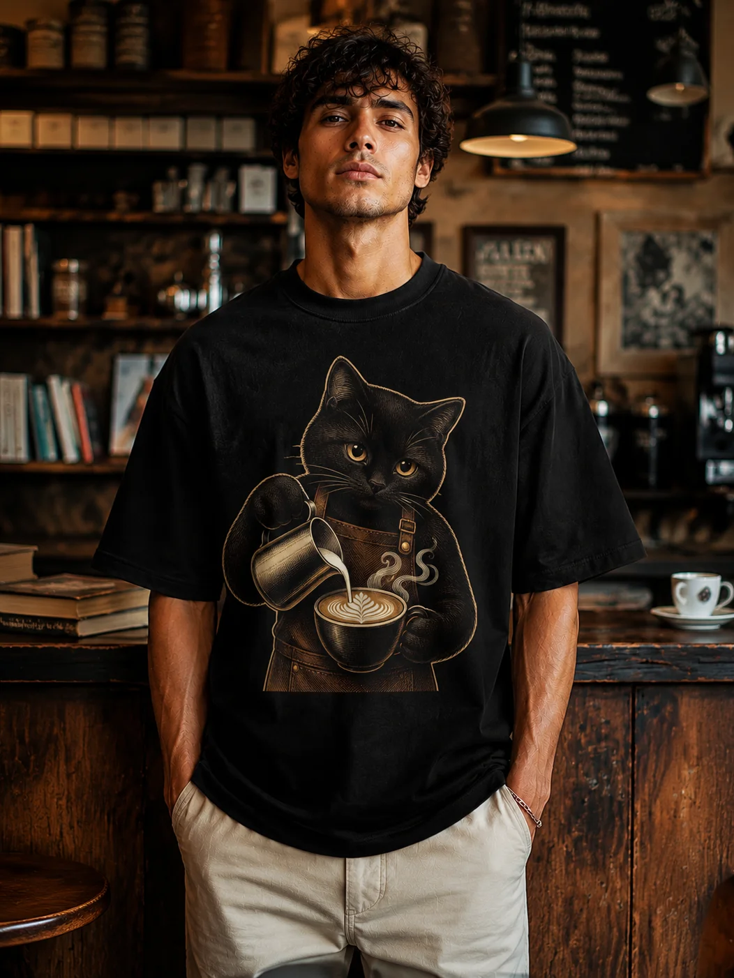 Coffee Cat Club Barista Tee | Vintage Black Cat Coffee Shirt product image (1)