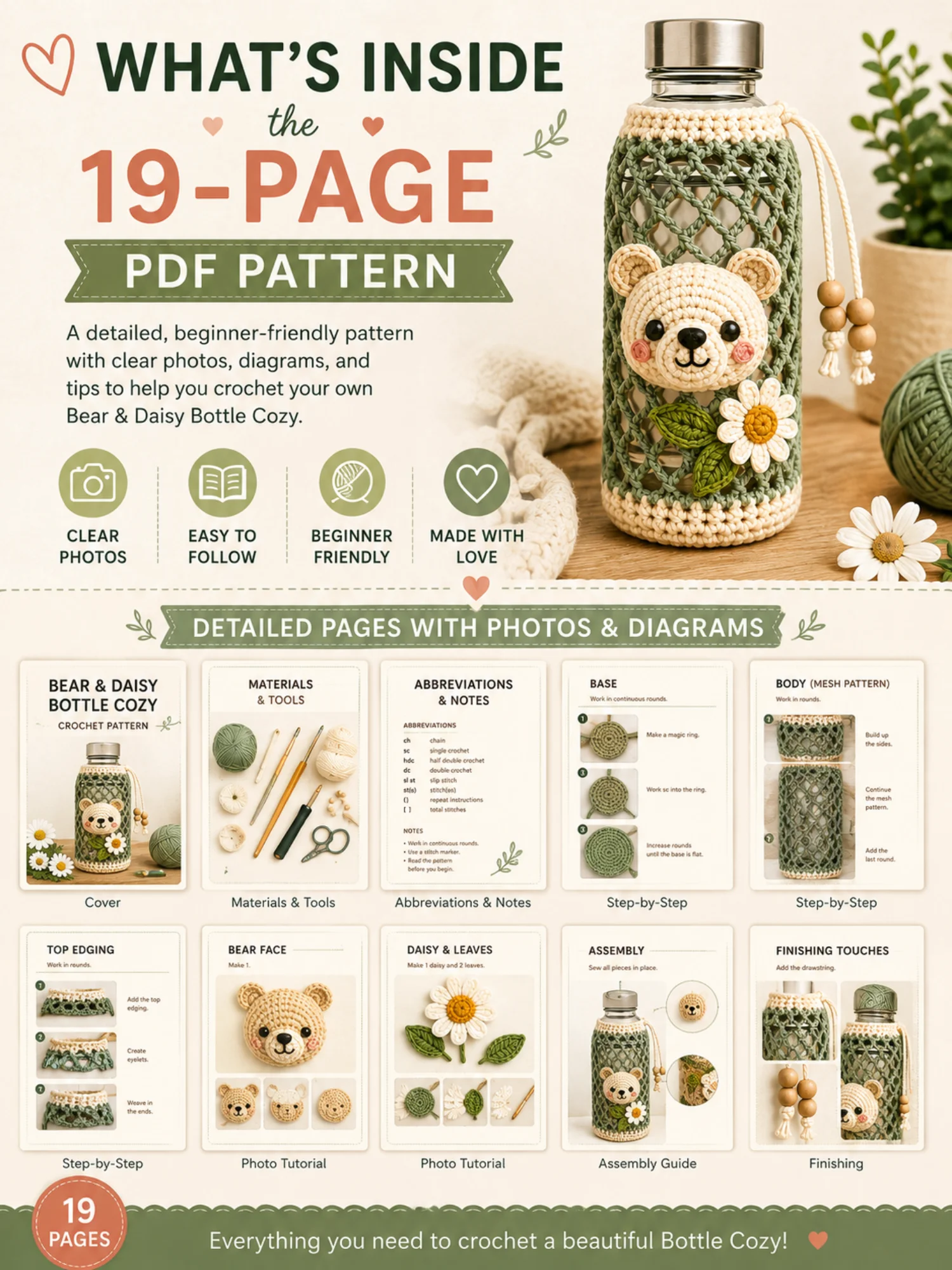 Bear & Daisy Bottle Cozy PDF Pattern product image (2)