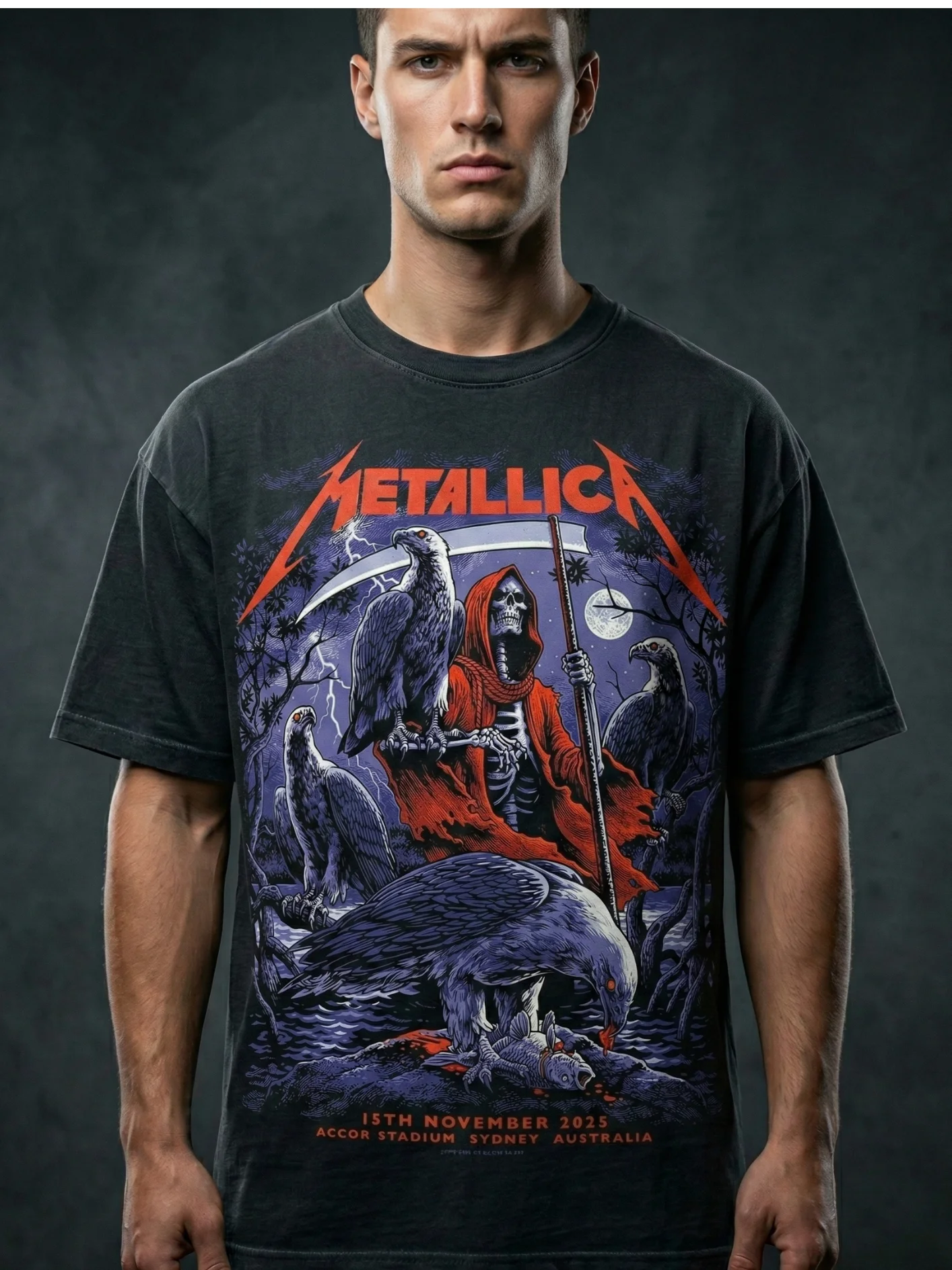 Metallica T-Shirt Grim Reaper Scythe | M72 World Tour Sydney 2025 Dark Art Graphic Tee | Heavy Metal Skull Vulture Concert Shirt product image (1)