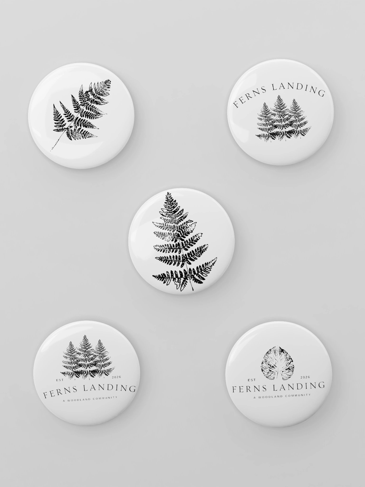 Ferns Landing Botanical Button Pin Set | 5-Pack Black & Fern Woodland Pins
