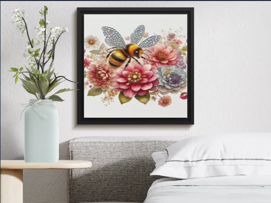 Crystal Bee on Blooming Flowers - Elegant Nature Art Print product image (1)