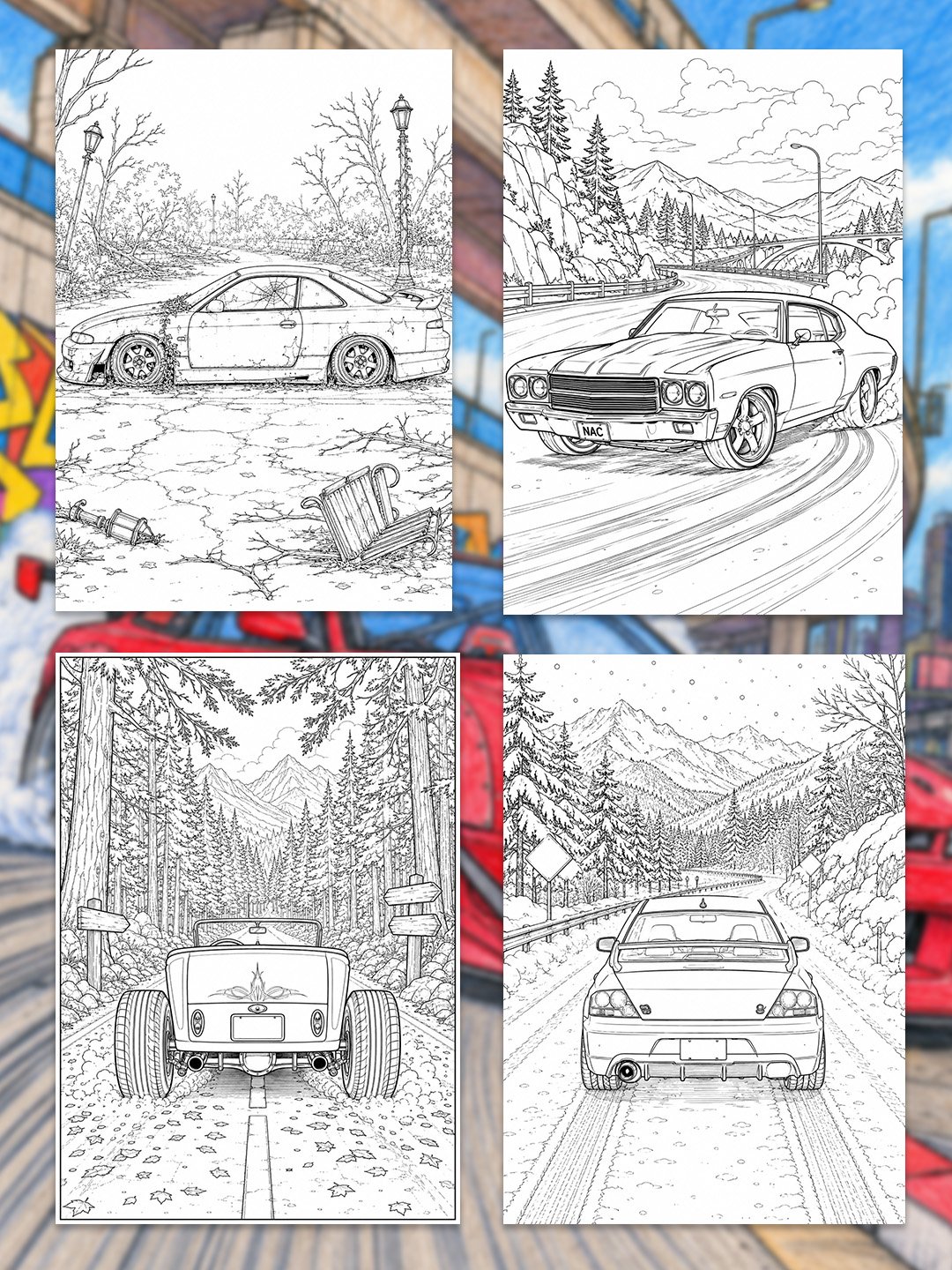 Car Coloring Pages Printable | 110+ Muscle, Drift, Hot Rod & Classic Car Designs | A4 Automotive Coloring Book product image (2)