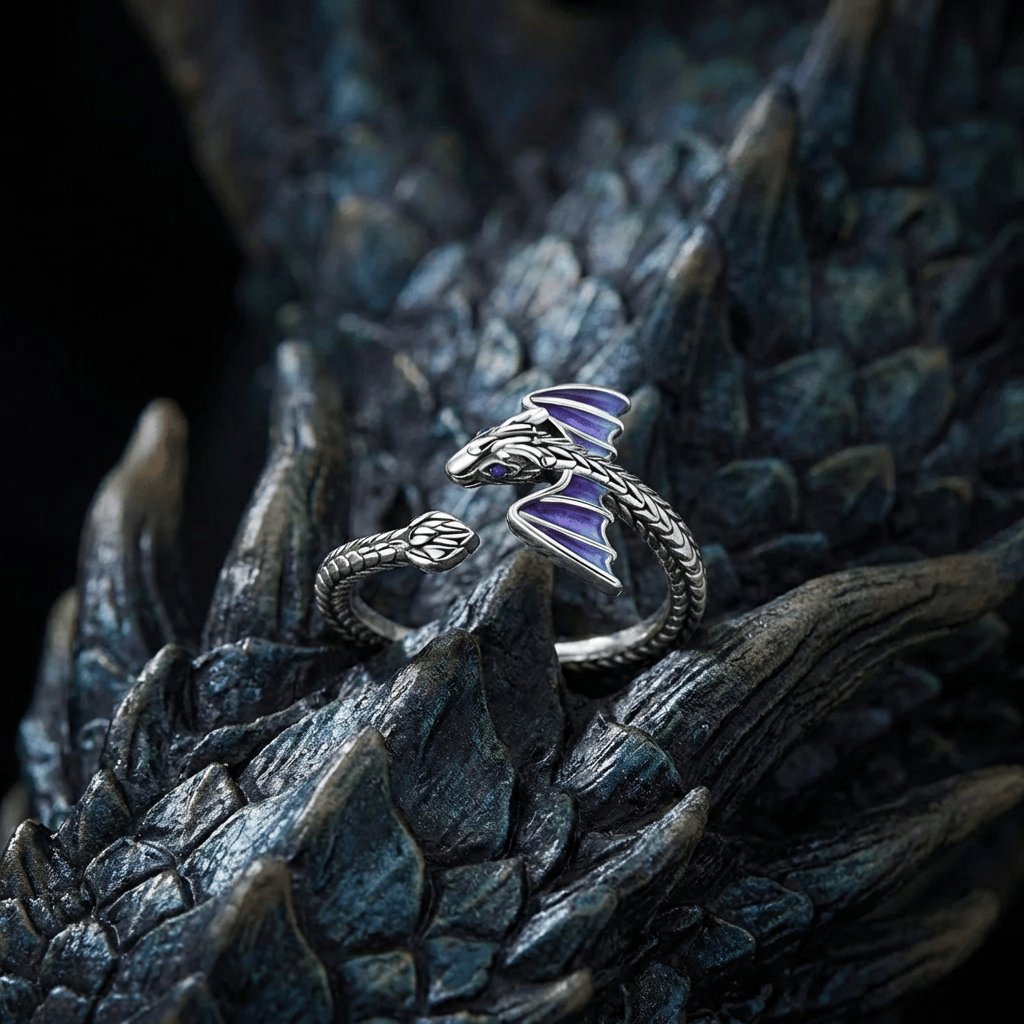 925 Sterling Silver Dragon Ring with Blue Enamel Wings - Adjustable Open Wrap Ring product image (4)
