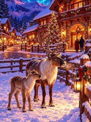 A Baby Reindeer in a Village Full of Christmas Lights
