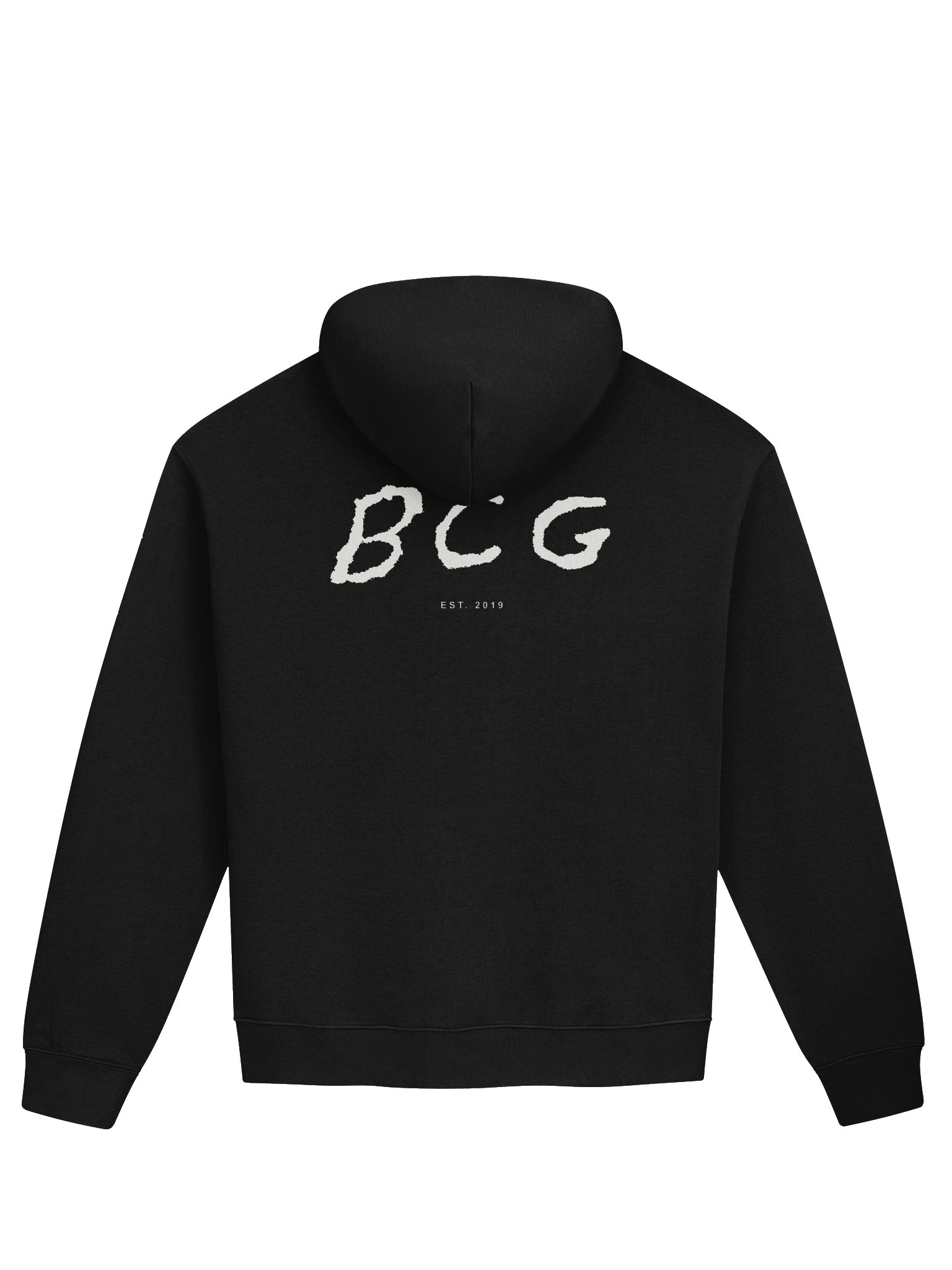 The same BCG lettering on the back of the black hoodie