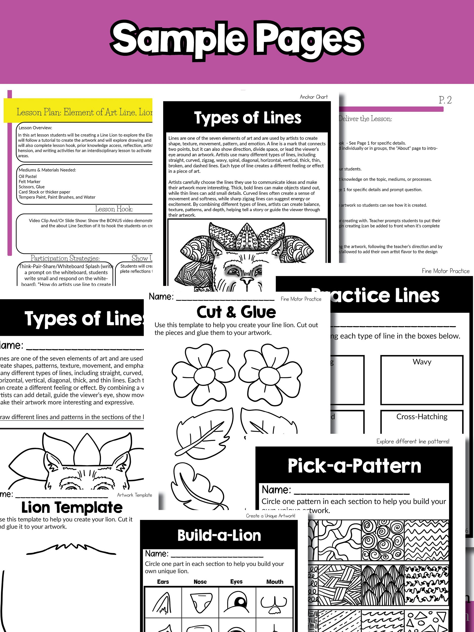 Line Art Lesson Element of Art Line 4th Grade Types of Lines Lion Art Project product image (8)