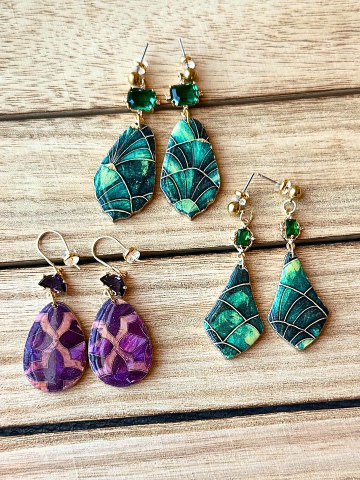Jewel Tone Mosaic Drop Earrings – Handmade Statement Clay Dangles product image (1)