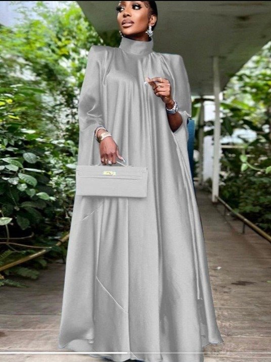Women's Elegant Satin Pleated Maxi Dress, Stand Collar Long Sleeve Evening Party Dress, Loose Fit Autumn Wedding Guest Cocktail Gown product image (4)