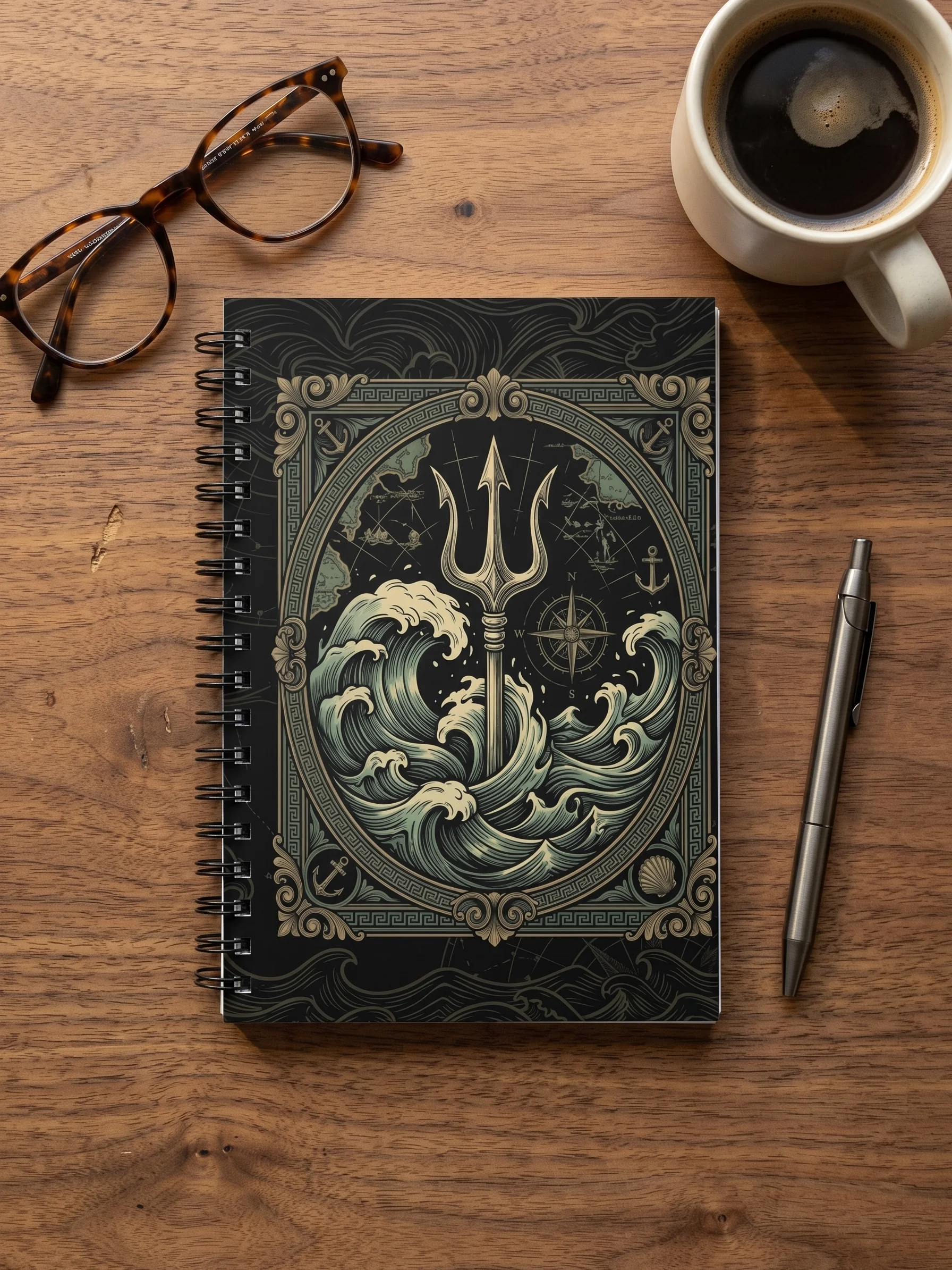 Poseidon Notebook – Greek Mythology Spiral Journal with Ocean & Trident Design product image (1)