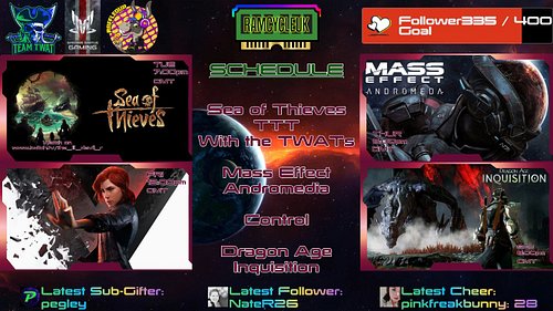 THIS WEEKS SCHEDULE!
Tuesday: TTT hosted by @the_lil_devil_r With #teamtwat #seaofthieves 
Thursday: #masseffectandromeda 
Fr...