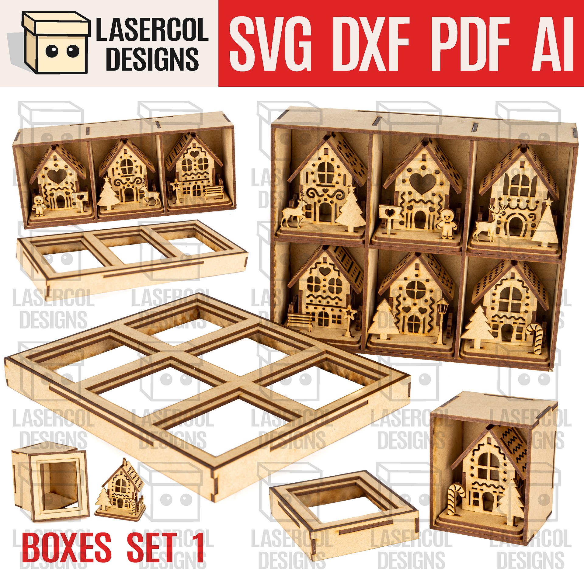 Christmas Houses Ornaments Boxes Set 1 (8 Houses Styles) - Laser Cut Files product image (1)