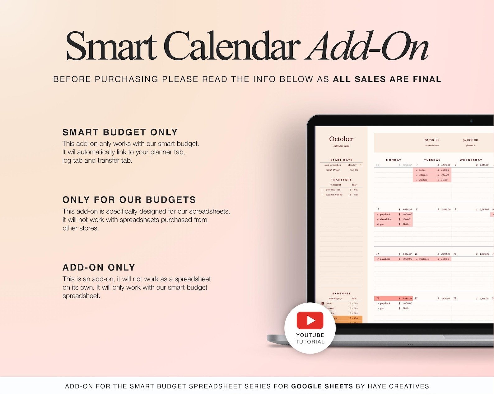 ADD-ON: Smart Calendar Add On for Our Smart Budget Spreadsheet product image (2)