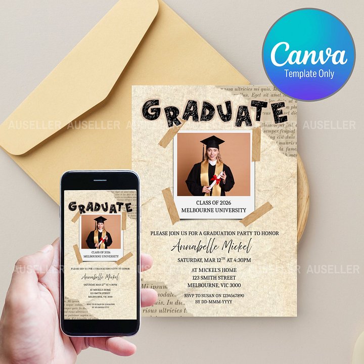 Vintage Scrapbook Graduation Photo Invitation 2026 Editable Canva Template product image (1)