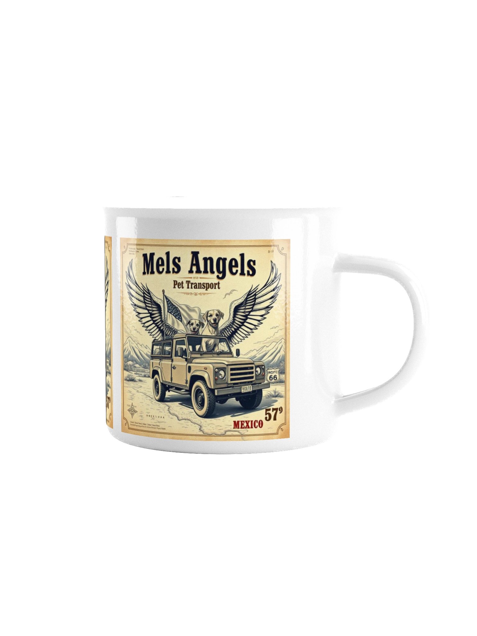 Mels Angels Pet Transport Enamel Mug | Vintage Mexico Travel Cup | Dog Lover Gift, Adventure Coffee Mug, Enamel Camp Mug product image (3)