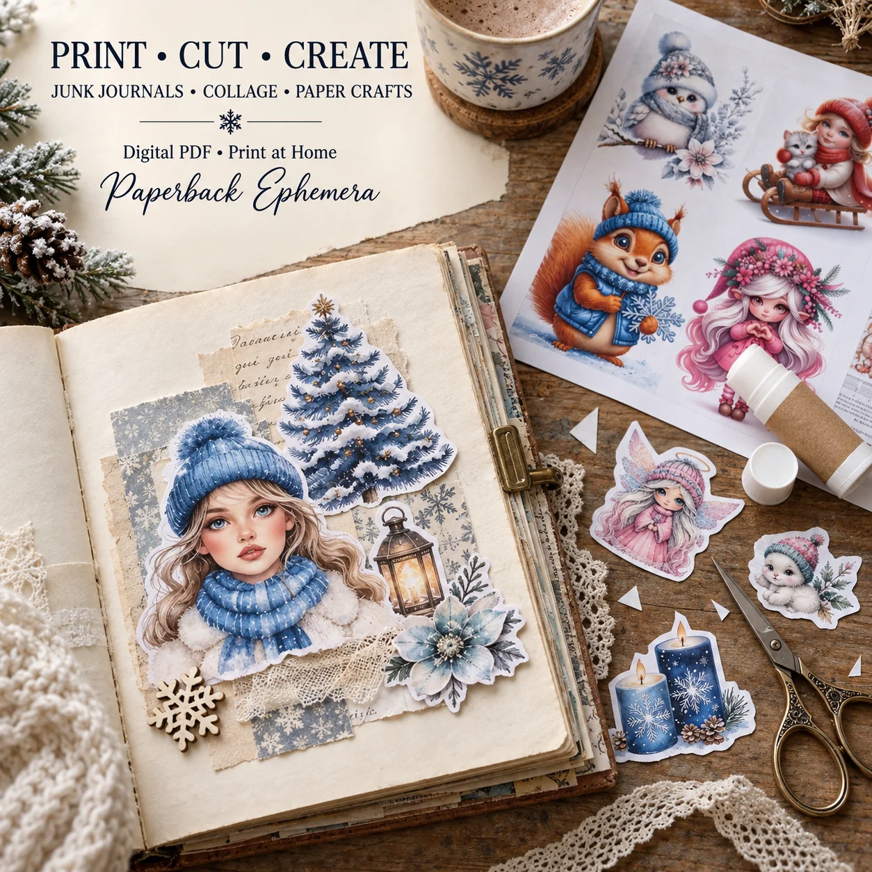 Winter Ephemera Printable PDF – 12 Whimsical Junk Journal Collage Pages product image (5)