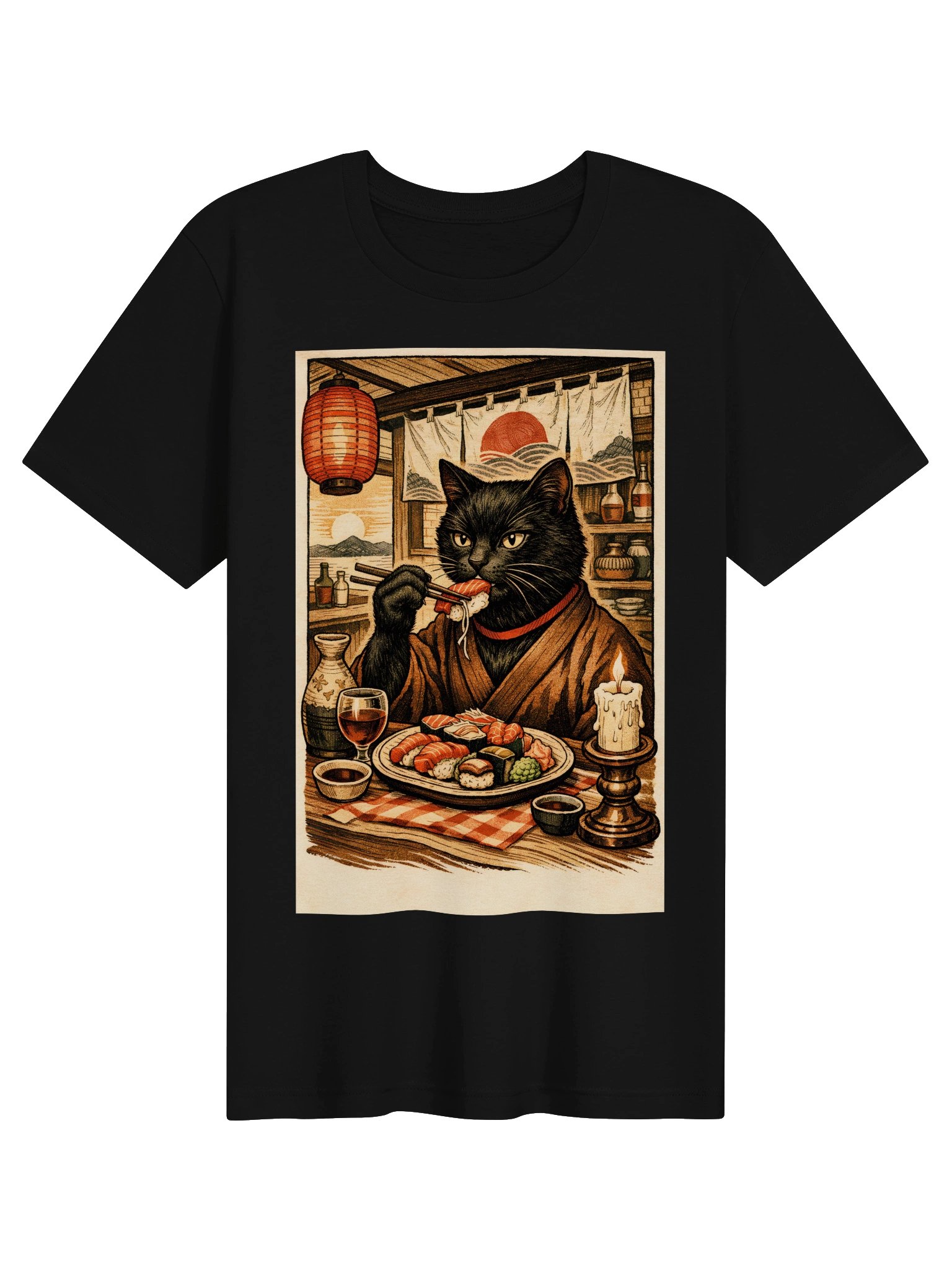 Japanese Sushi Cat T-Shirt - Vintage Ukiyo-e Black Cat Foodie Tee product image (4)