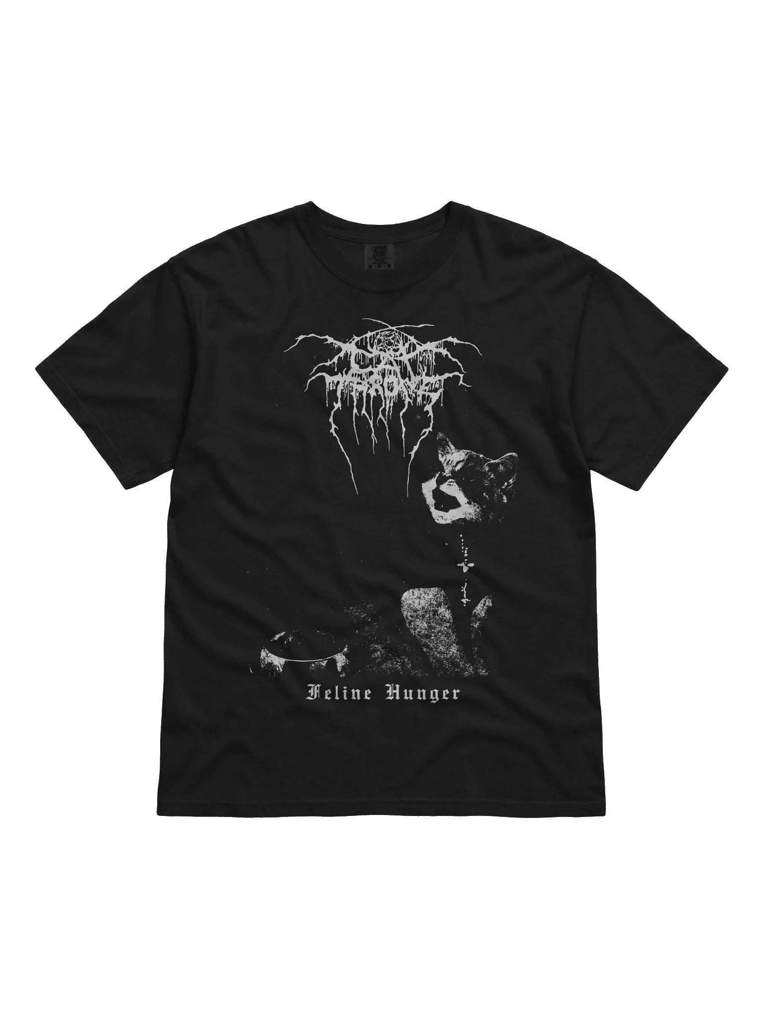 Cat Throne Feline Hunger t-shirt in stark black and white showing a cat demanding food at a bowl - a dark-humour gift for cat lovers
