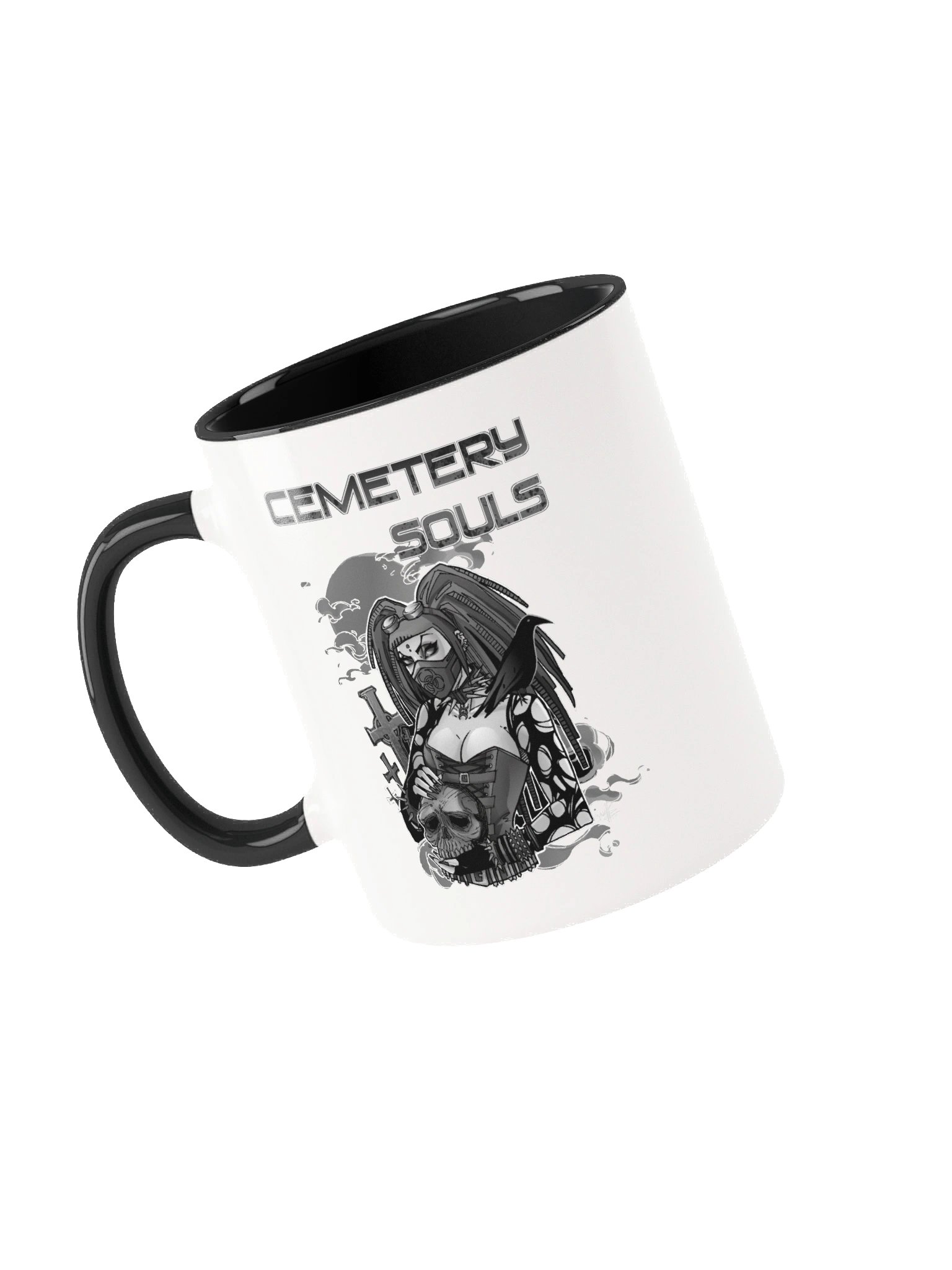 Cemetery Souls - CyberGoth Coffee Mug - Monochrome on white - color inside product image (68)