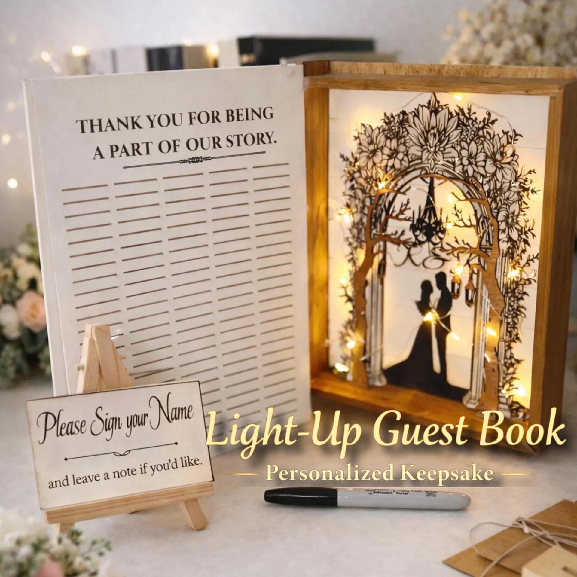 Personalized Wedding Guest Book Alternative, Unique Wooden Guestbook with Lights, Custom Keepsake product image (1)