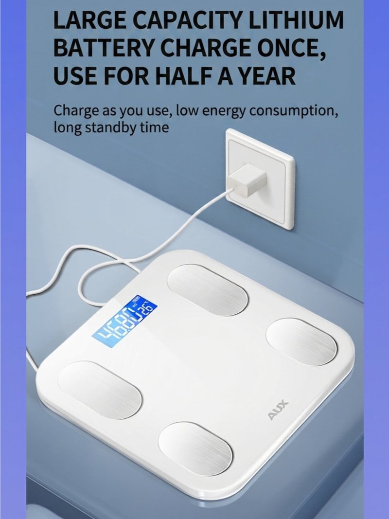 AUX Smart Scale: 81+ metrics via OKOK App. High-precision (0.01kg) sensors. USB rechargeable. 400lb capacity. Sleek tempered glass in Black/White. product image (4)