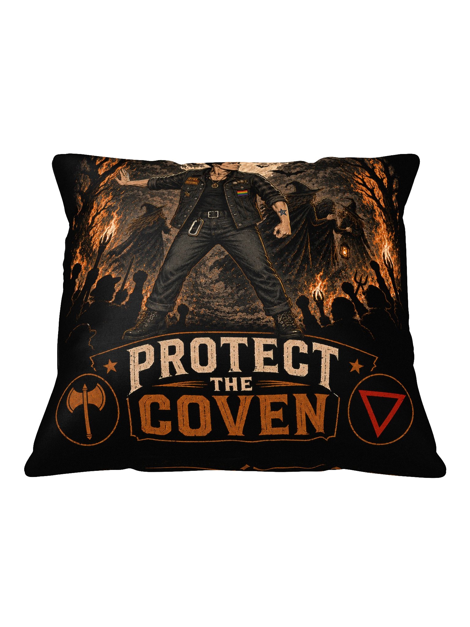 Dyke Rising side of the sapphic Halloween throw pillow