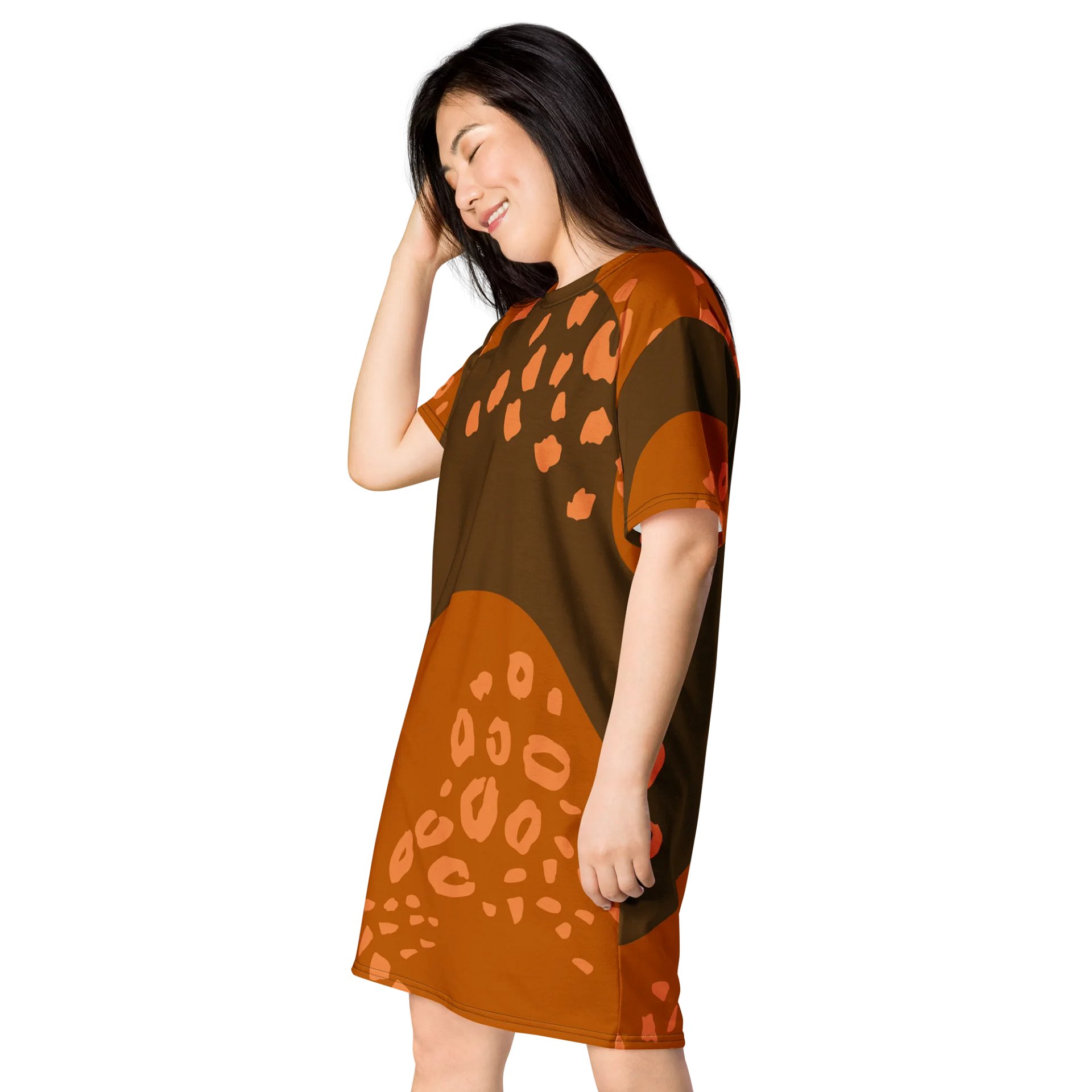 Brown to Orange Gradient T-Shirt Dress with Abstract Leopard Print product image (3)
