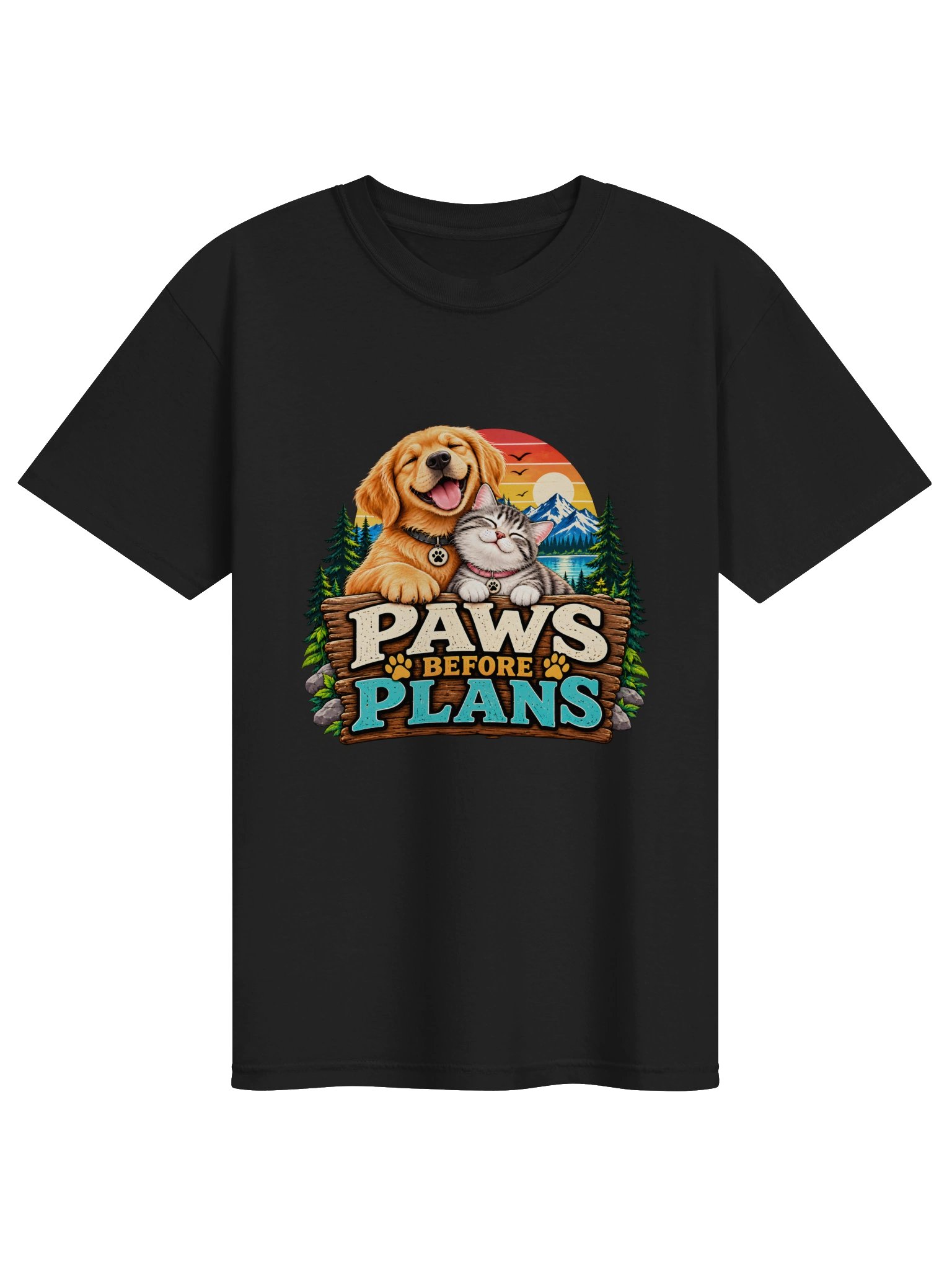 Paws Before Plans vintage outdoor heavyweight T-shirt featuring a golden retriever and a cat