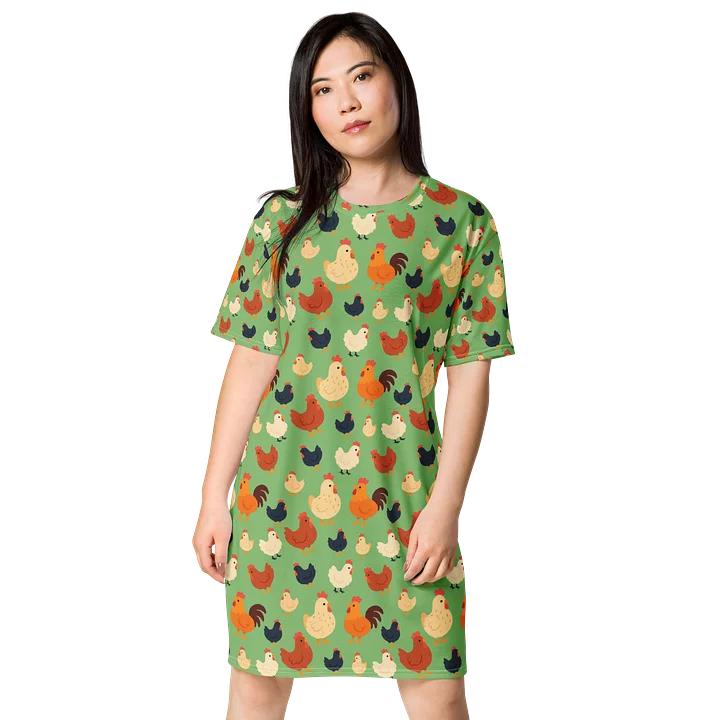 Cute chickns on green T-shirt dress product image (1)