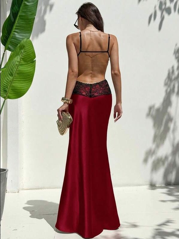 Elegant Contrast Lace Mermaid Hem Cami Dress, Casual & Party Wear,Summer Dresses For Women product image (5)