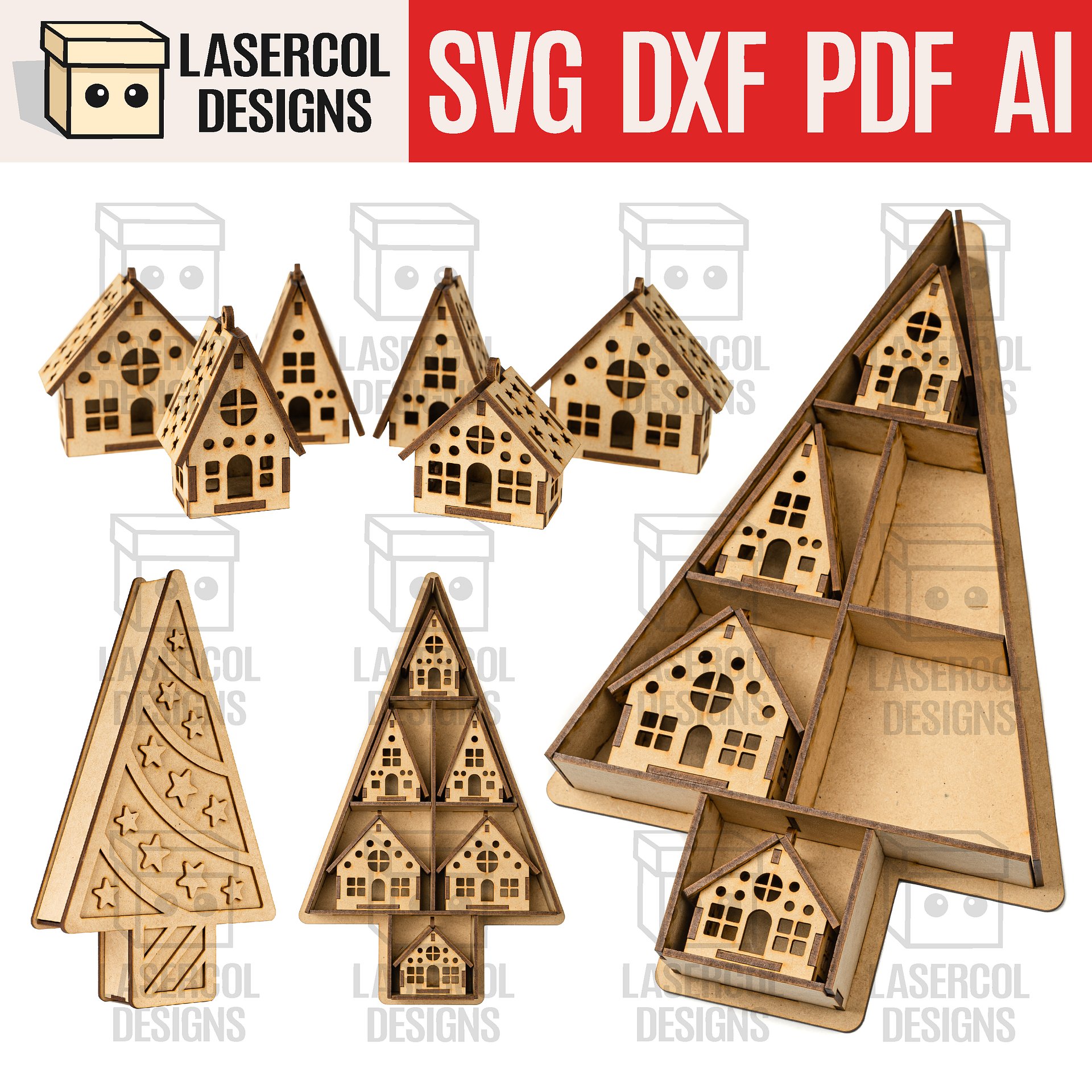 Christmas Houses Ornaments Box - Laser Cut Files product image (1)