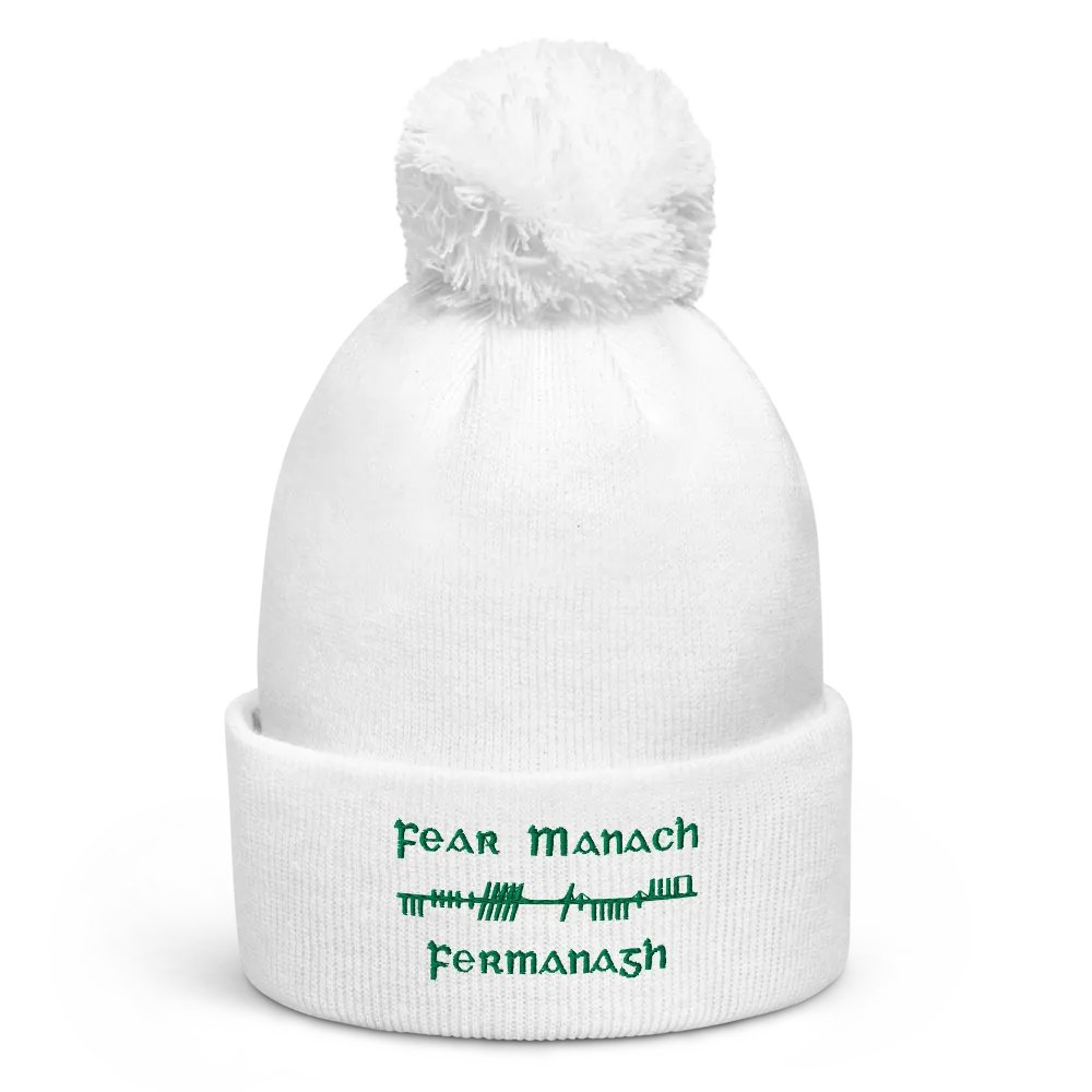 Fermanagh/Fear Manach Orthodox style Ogham, white with green, embroidered Pom-Pom Beanie product image (1)