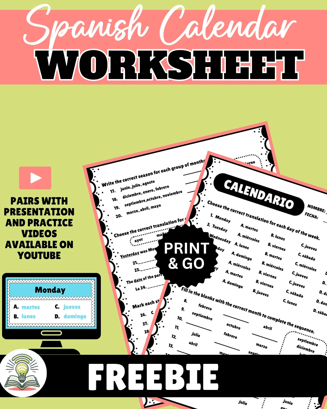 Free Spanish Calendar Vocabulary Worksheet