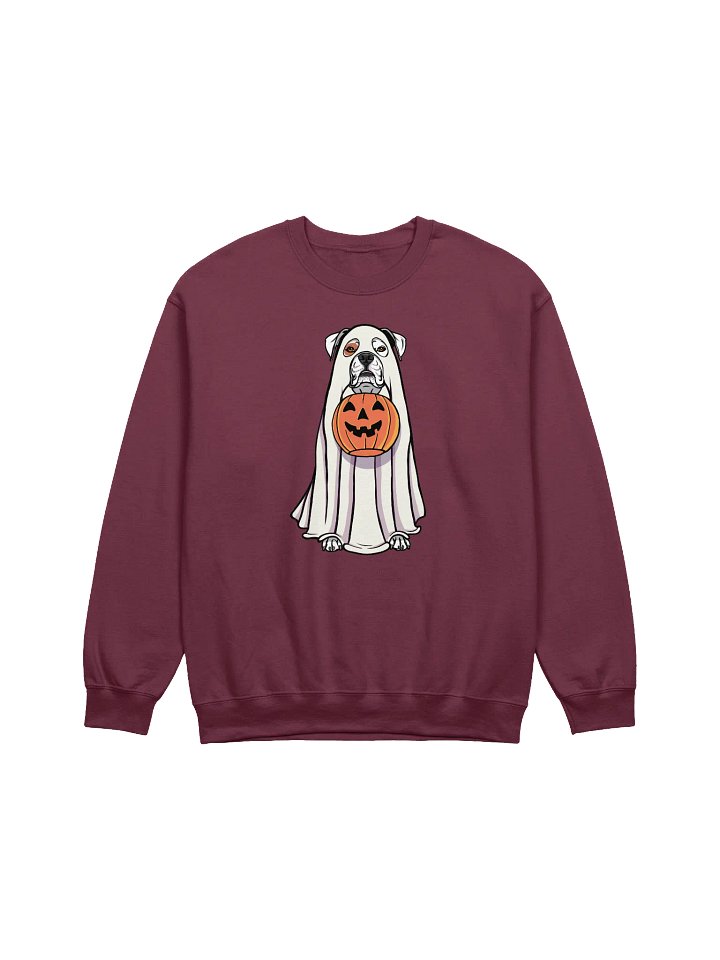 Funny Halloween Boxer Dog(White) Sweatshirt | Funny Boxer Wearing a Ghost Costume and Holding a Pumpkin Basket product image (1)
