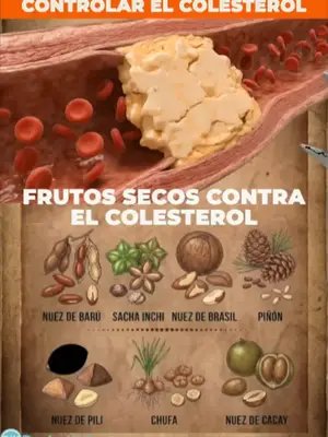 Los MEJORES 7 FRUTOS SECOS QUE NO CONOCÍAS para ¡CONTROLAR el COLESTEROL! Respaldo científico Nueces de Barú (Almendra Chiquitana): Originarias de la sabana sudamericana, son altísimas en zinc y grasas monoinsaturadas. Su consumo en dietas hipercolesterolémicas ha demostrado reducir de forma efectiva los niveles séricos de colesterol total y lipoproteínas de baja densidad (LDL). Sustento Científico: https://pubmed.ncbi.nlm.nih.gov/38763648/   Sacha Inchi (Maní del Inca): Un superalimento originario de la Amazonía y los Andes. Posee un nivel extraordinariamente alto de Omega-3 (ácido alfa-linolénico) y Omega-6. Los ensayos clínicos muestran que su ingesta reduce la presión arterial, los triglicéridos y el colesterol LDL, a la vez que aumenta el colesterol HDL (