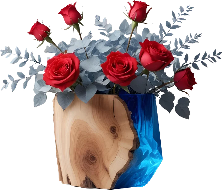 Blue Radiance – Wood and Resin Rose Vase PNG product image (1)