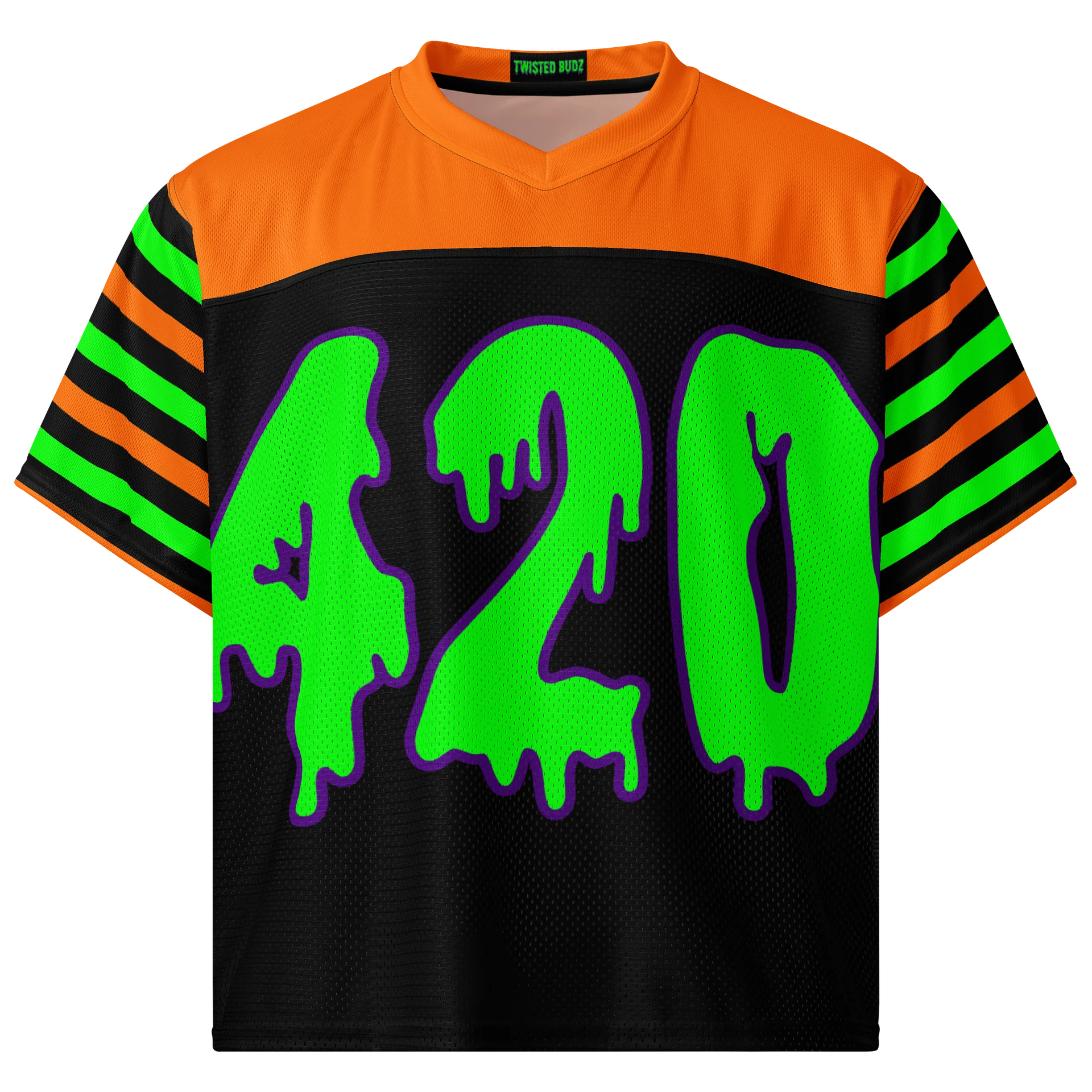 Halloween Weed Rave Jersey, Boxy 420 Football Shirt, Stoner EDM Wear, Music Festival Cannabis Clothes, Black Orange Neon Green Techno Top product image (3)