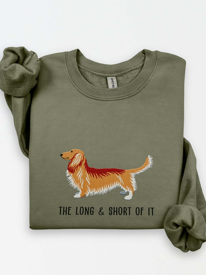 The Long & Short of It Sweatshirt (Embroidered) of a Longhaired Dachshund(Tan) product image (1)