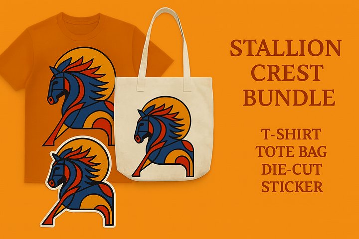 Stallion Crest Bundle – Cubist Horse Art T‑Shirt, Tote Bag & Kiss‑Cut Sticker  Modern Geometric Stallion Set by M‑Art and Design product image (1)