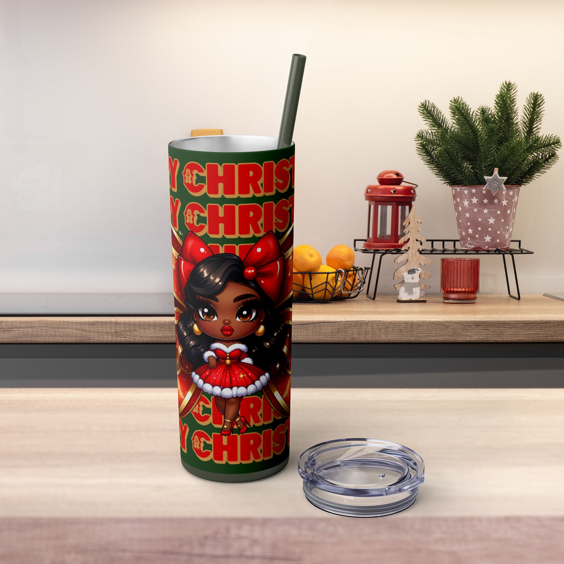 Merry Christmas Brown Holiday Doll Tumbler Wrap Design, Festive 20oz Sublimation PNG, Holiday Digital Download, Red Bow Christmas Tumbler product image (3)