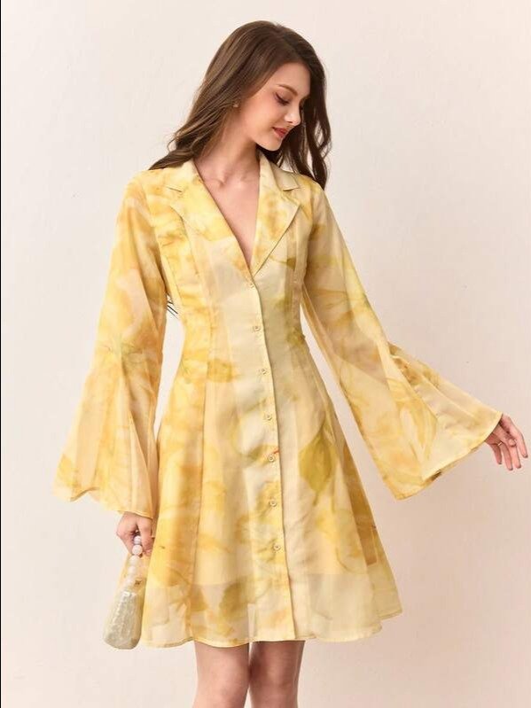 BELROSIE Tie Dye Floral Print Chiffon Collared A-Line Short Dress Dinner Brunch Vacation Garden Party Tea Party Tea Date Birthday Autumn Elegant Romantic product image (8)