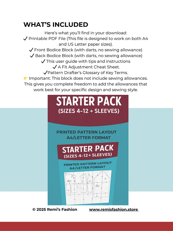 Bodice Block Sewing Pattern Starter Pack PDF (UK Sizes 4-12) product image (1)
