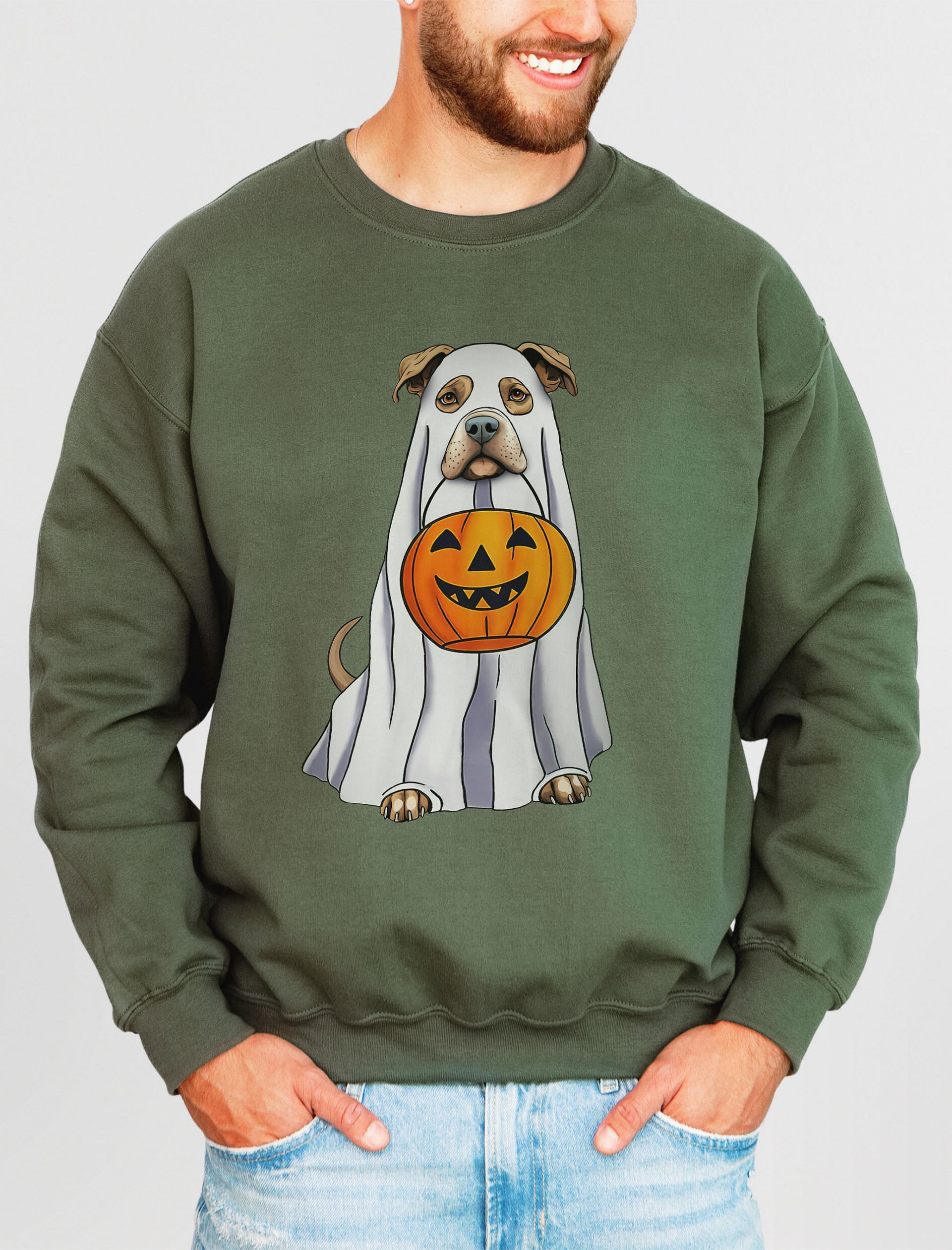 Pitbull(Fawn) Halloween Sweatshirt | Funny Halloween Staffordshire Wearing a Ghost Costume with Pumpkin Basket product image (2)