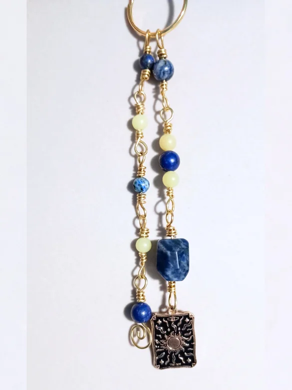 Calming Celestial Bag Charm | Sodalite, Jade, & Tarot, Gold-Tone | "Sunny Serenity" product image (3)