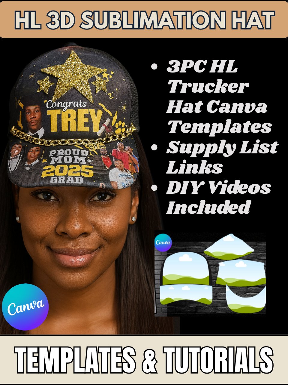 Hat Template - How to Sublimate a HL 3D Hat - Top and Bottom Brim - Video Included- PSD PNG Editable in Canva product image (1)