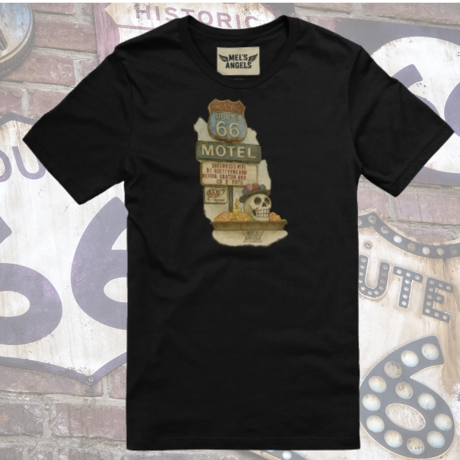 Route 66 Motel Skull T-Shirt – Vintage Día de los Muertos Inspired Graphic Tee | Bella Canvas Unisex product image (2)
