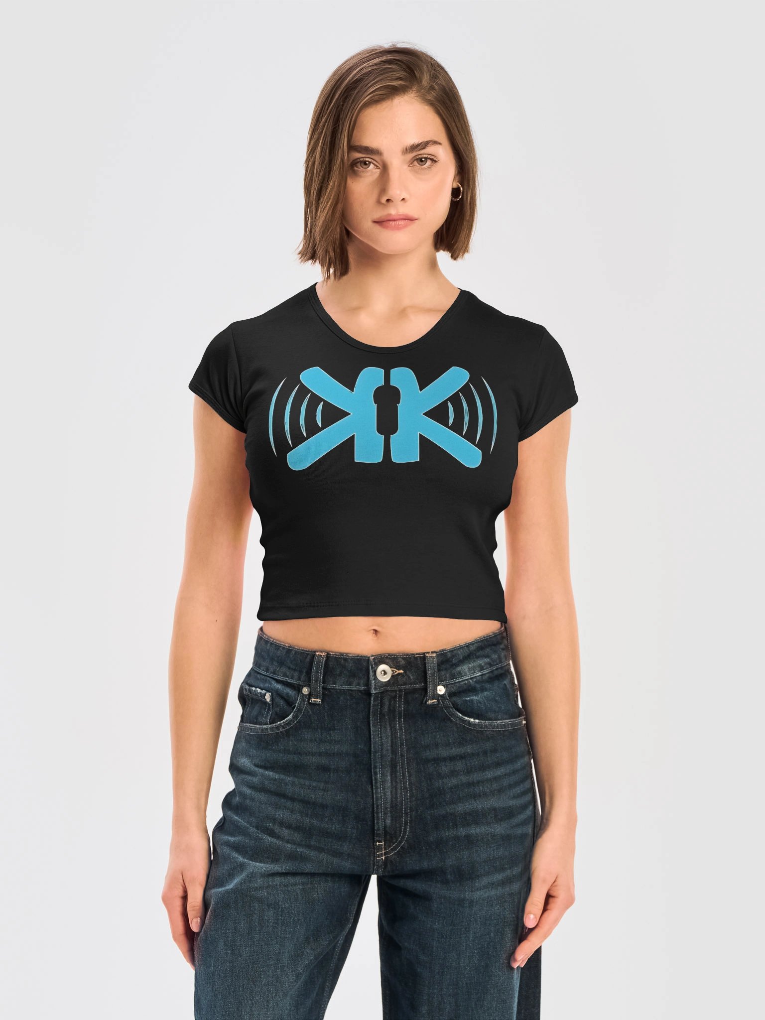 KIUK Large Cyan Logo LA Apparel Womens Ribbed Baby Tee Crop Top - White Word Logo product image (3)