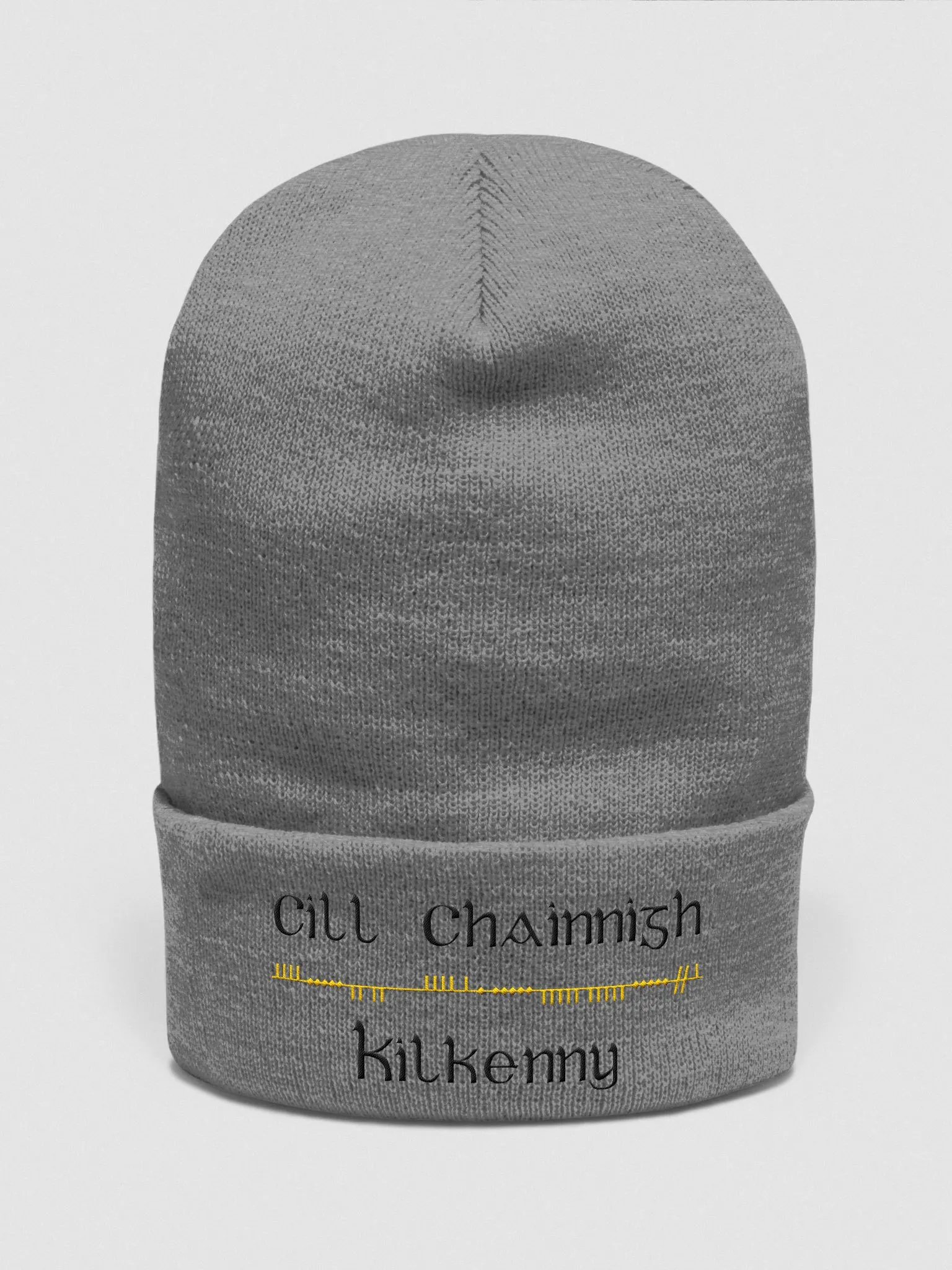 Kilkenny/Cill Chainnigh Scholastic style Ogham, black and amber, embroidered Cuffed Beanie product image (9)