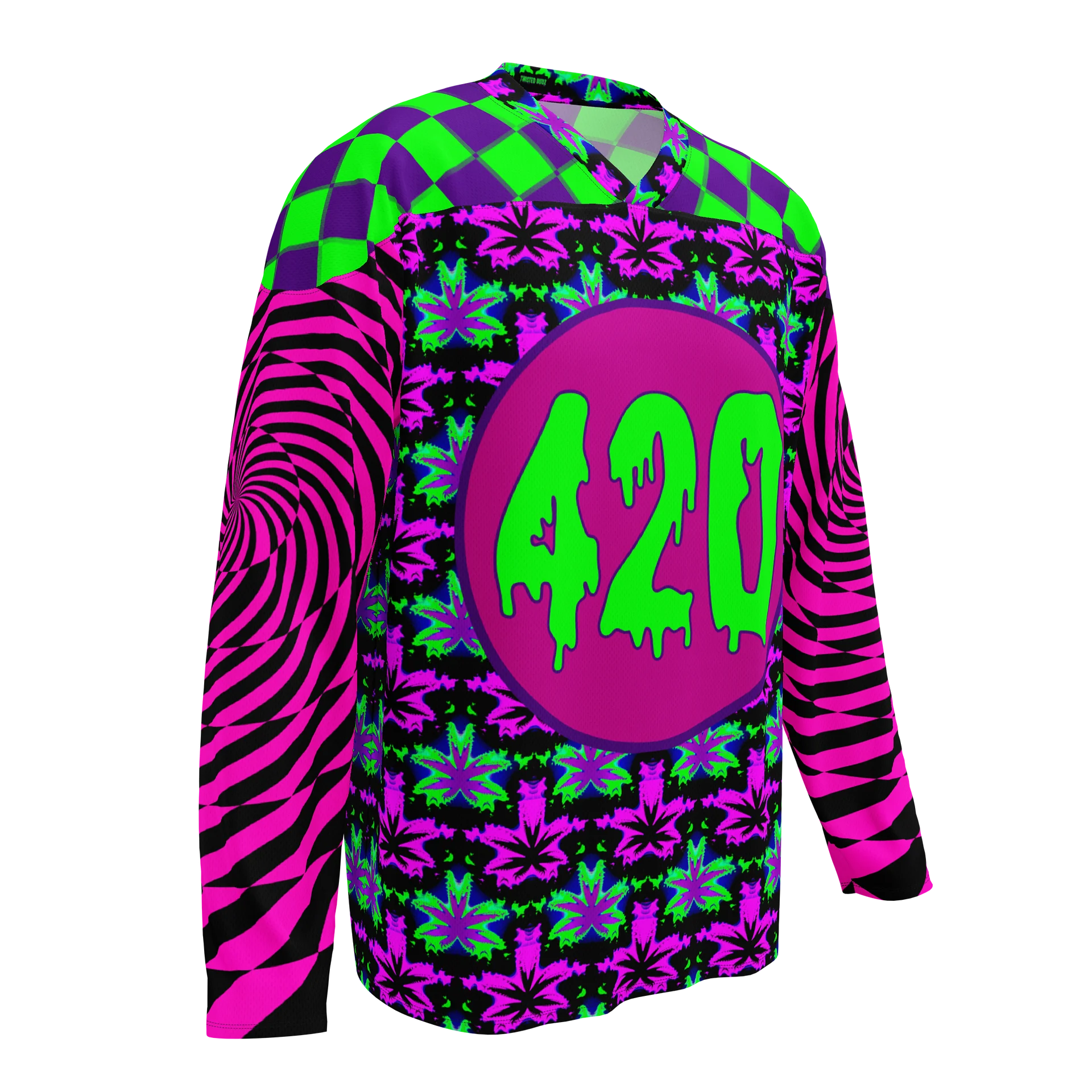 Cannabis Leaf 420 Hockey Jersey, Psychedelic Weed Rave Shirt, Spirals Stoner Clothes, Neon EDM Festival Fashion, Trippy Checkers Techno Top product image (2)