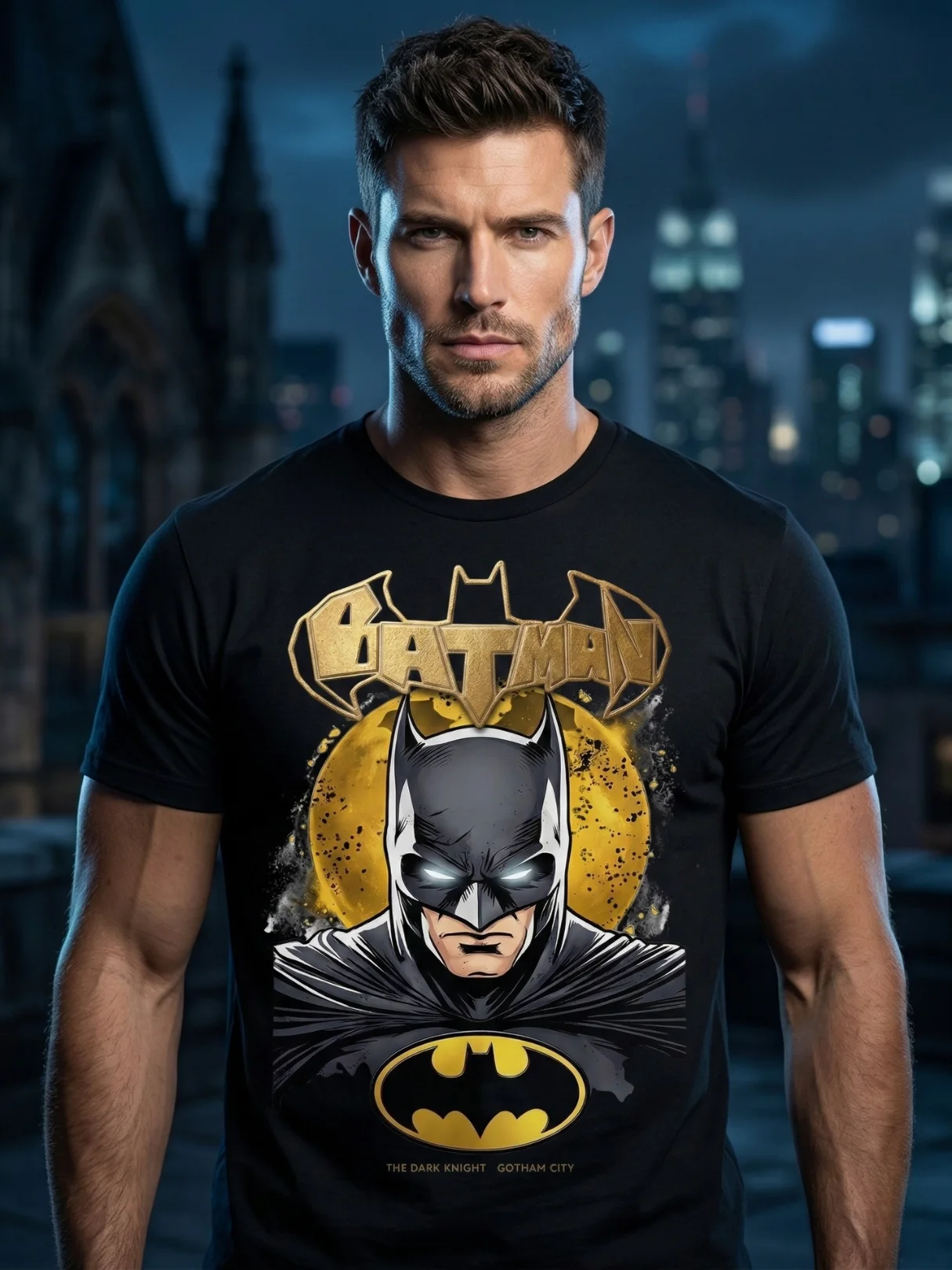 Batman Dark Knight T-Shirt | Gold Splatter Moon Portrait | 40th Anniversary Gotham product image (1)