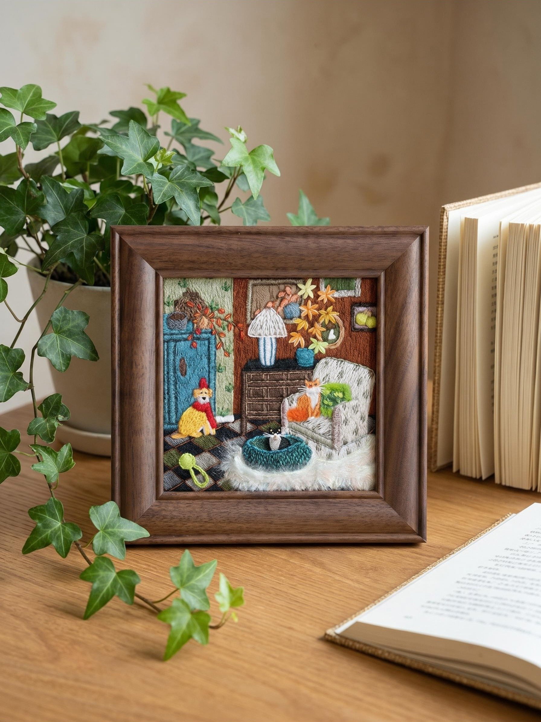 Fireside Best Friends Cat & Dog Embroidery Ready to Hang Framed Textile Masterpiece product image (2)